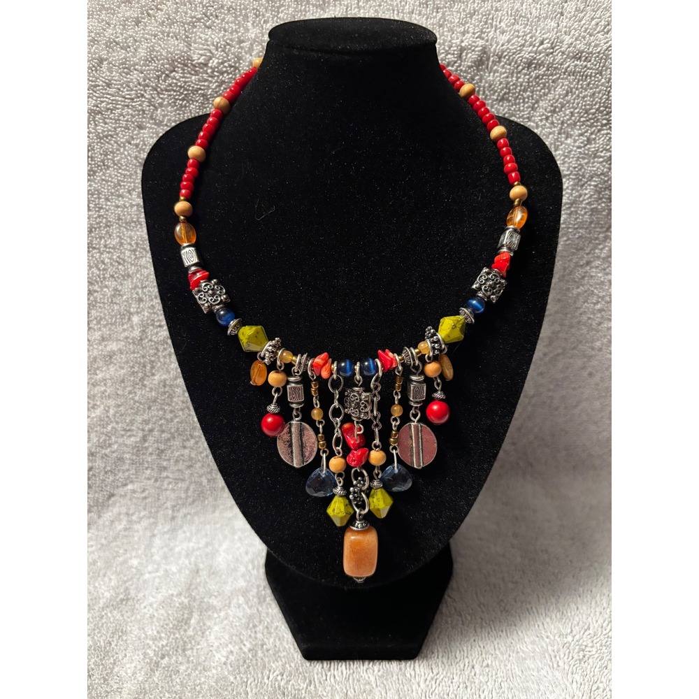 Boho Beaded Statement Bib Necklace Red Yellow Blue Silver Tone Charms Adjustable